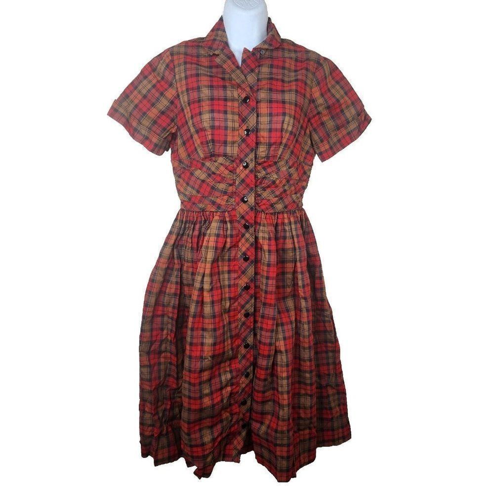 Vintage 40s 50s Vicky Vaughn Day Dress Womens S Red Plaid Button Front Fit Flare